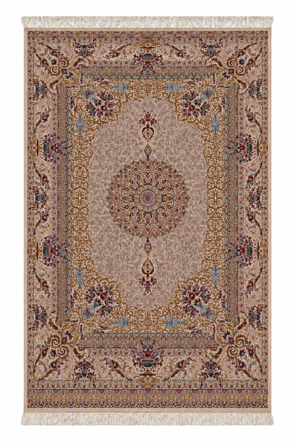 Golden Garden Medallion Hand-Bordered Natural Wool & Silk Carpet 200x300 cm