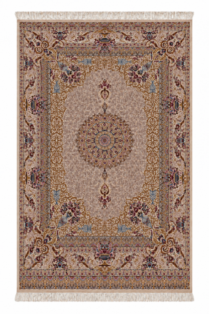 Golden Garden Medallion Hand-Bordered Natural Wool & Silk Carpet 200x300 cm