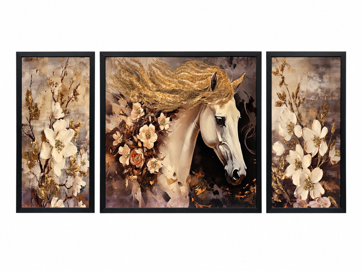 Golden Equine Blossom 3-in-1 Wall Art Frame
