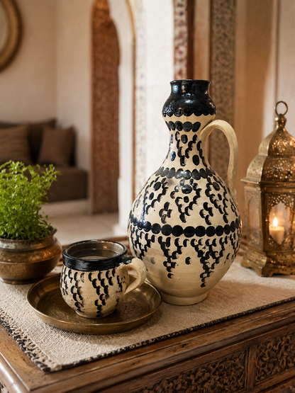 Hand-Painted Antique Terracotta Pottery Water Jug & Cup Set