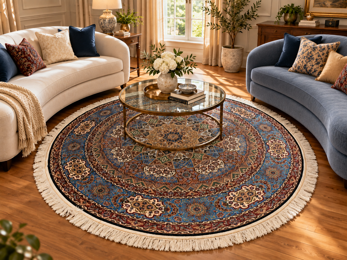 Persian Heritage Star Medallion Azure Round Silk Carpet 200cm Diameter