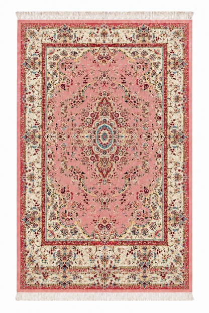 Blush Rose Medallion Hand-Bordered Natural Wool & Silk Carpet 200x300 cm