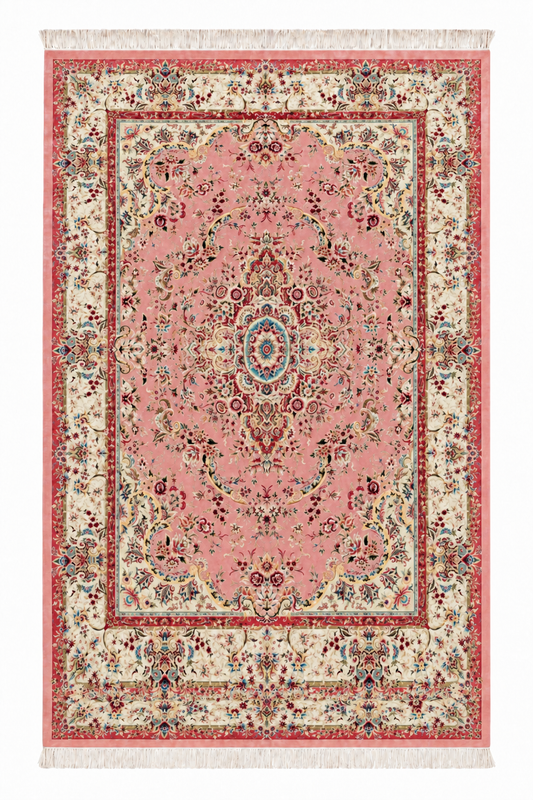 Blush Rose Medallion Hand-Bordered Natural Wool & Silk Carpet 200x300 cm
