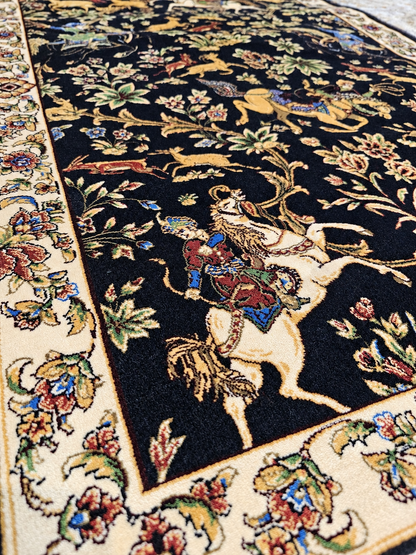 Royal Persian Hunting Garden Silk Carpet - Navy - 60x90cm