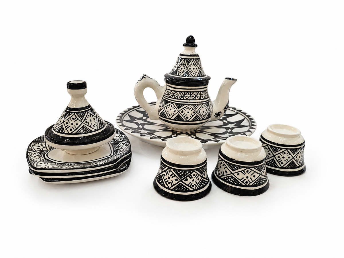 Moroccan Coffee Set - Black & White Geometric Design - Traditional Fez Pottery