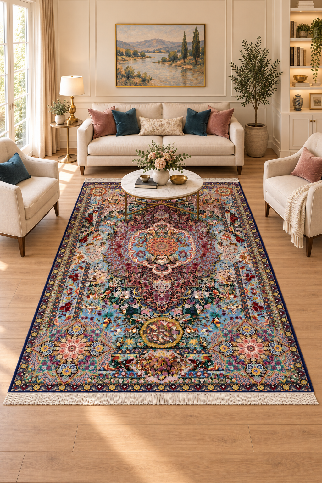 Imperial Garden Hand-Bordered Natural Wool & Silk Carpet 200x300 cm