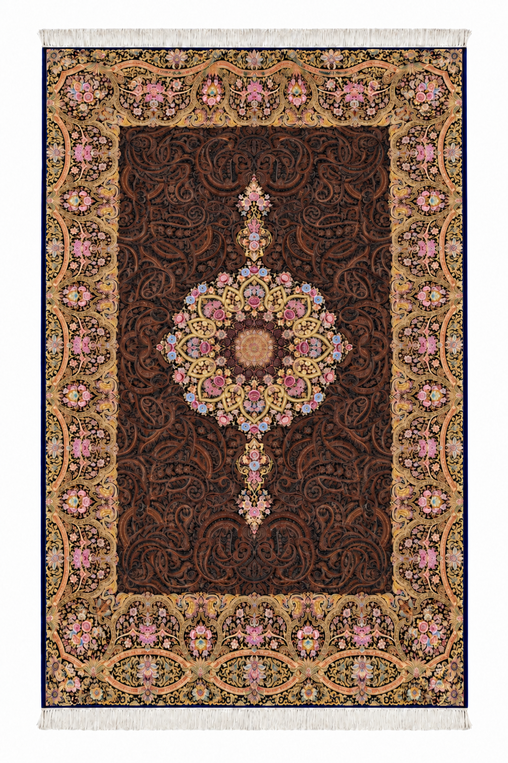 Royal Mocha Medallion Hand-Bordered Natural  Wool & Silk Carpet 200x300 cm