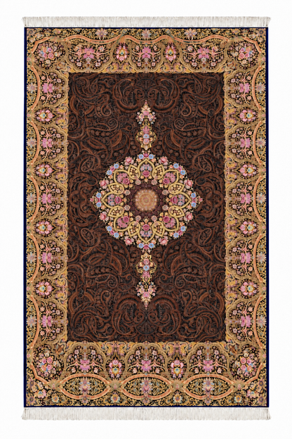 Royal Mocha Medallion Hand-Bordered Natural  Wool & Silk Carpet 200x300 cm