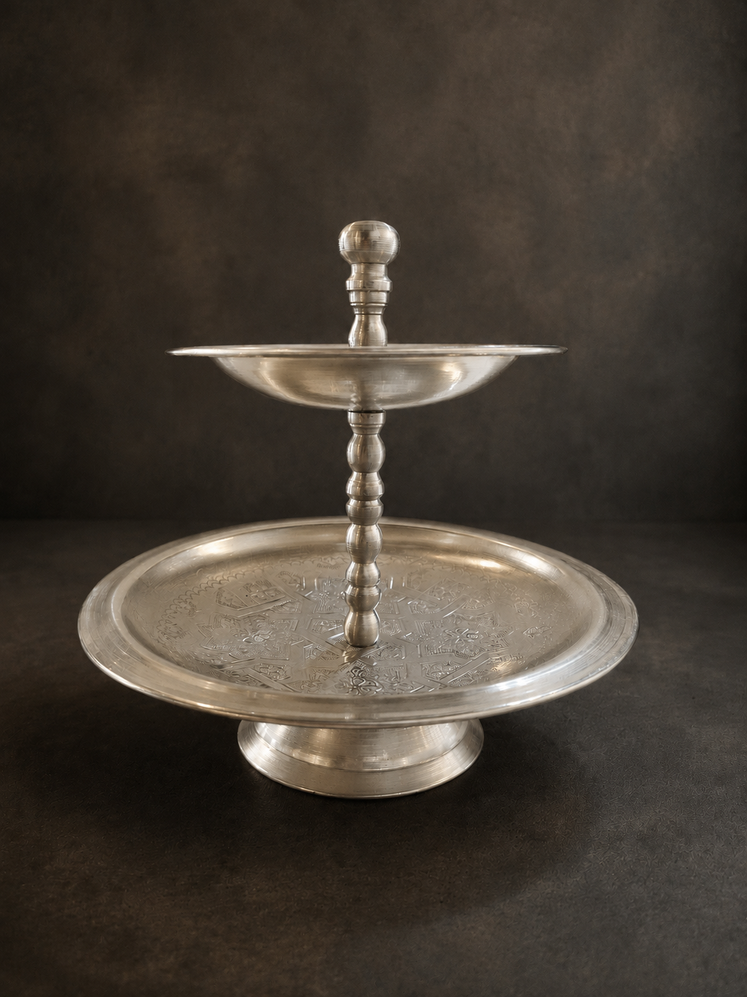 Moroccan Engraved Nickel Two-Tier Sweet Stand - Large M138