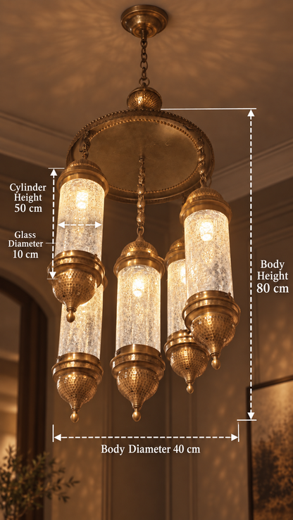 Ottoman Pyrex Glass Turkish Brass Chandelier 5 Branches
