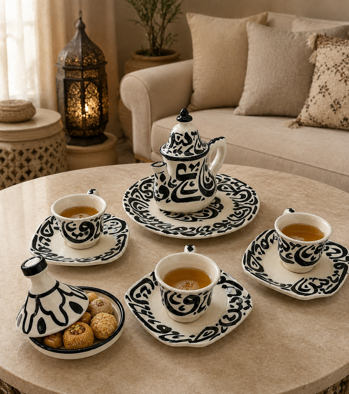 Moroccan Ceramic Coffee Set - Traditional Fez Pottery - Arabic Calligraphy Design