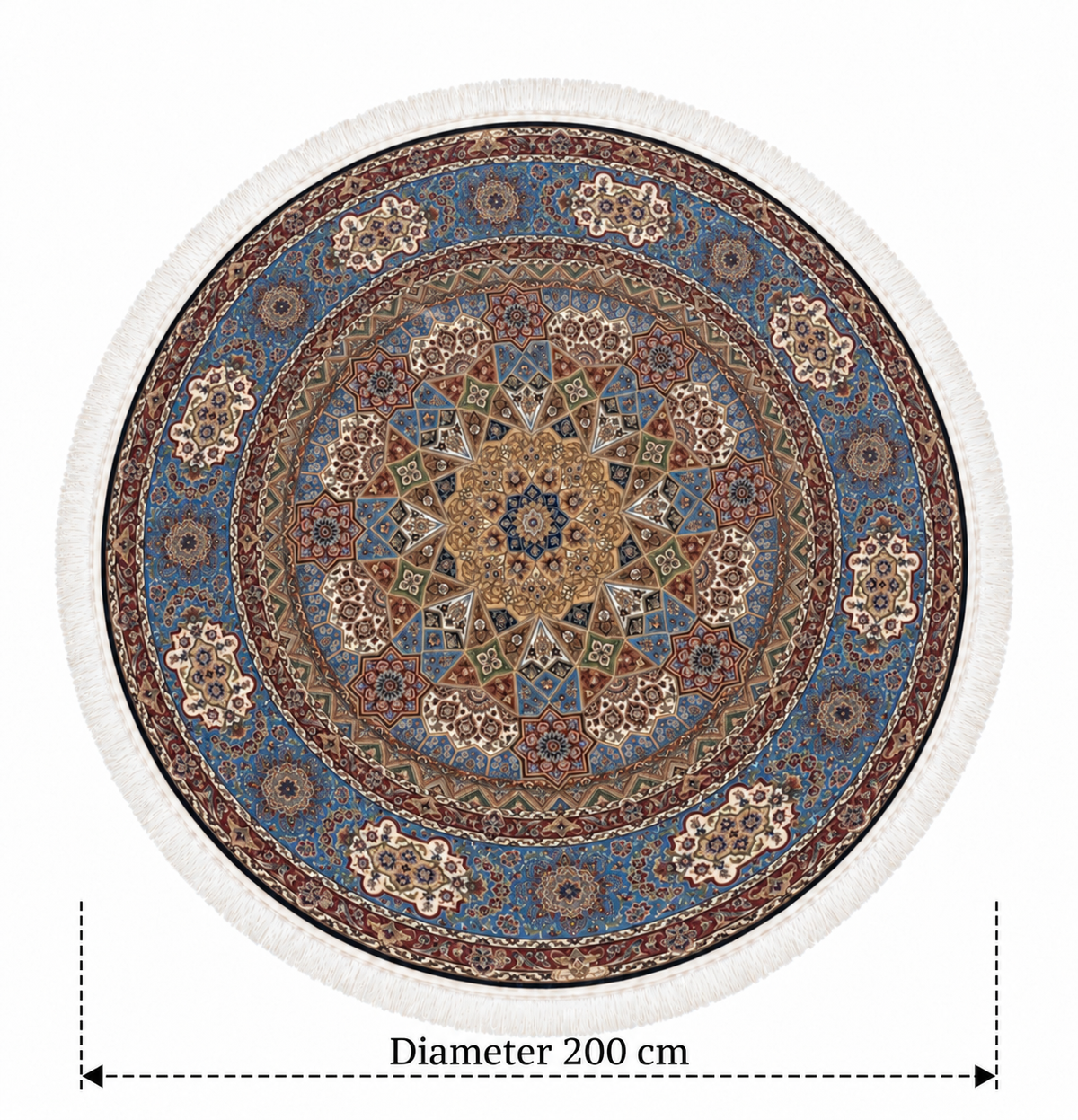 Persian Heritage Star Medallion Azure Round Silk Carpet 200cm Diameter