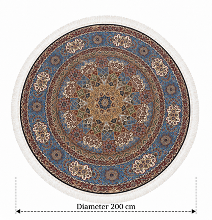 Persian Heritage Star Medallion Azure Round Silk Carpet 200cm Diameter