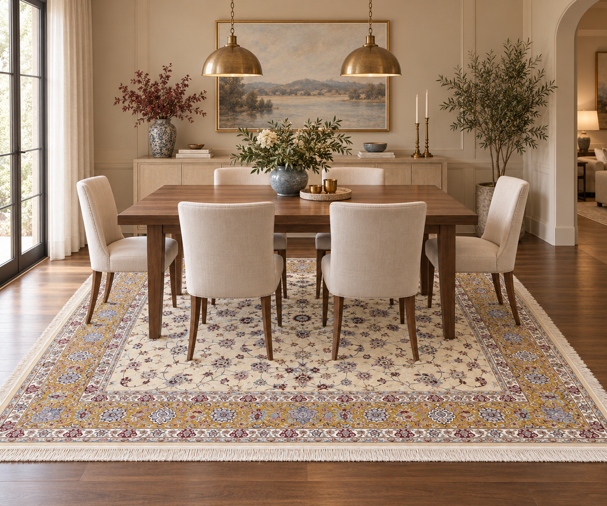 Golden Ivory Natural Persian Wool & Silk Carpet 200x300 cm
