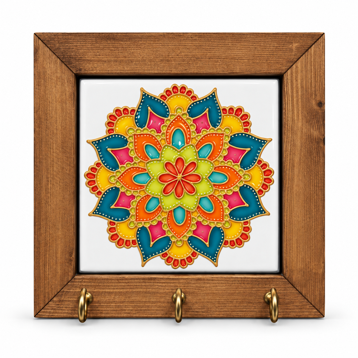 Embossed Floral Ceramic Tile Wooden Key Holder 15x15cm