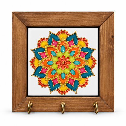 Embossed Floral Ceramic Tile Wooden Key Holder 15x15cm