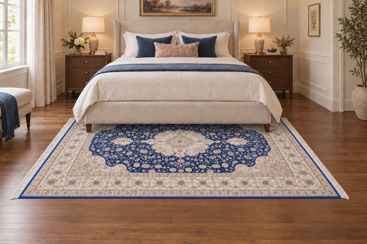 Imperial Navy Medallion Natural Persian Wool & Silk Carpet 200x300 cm