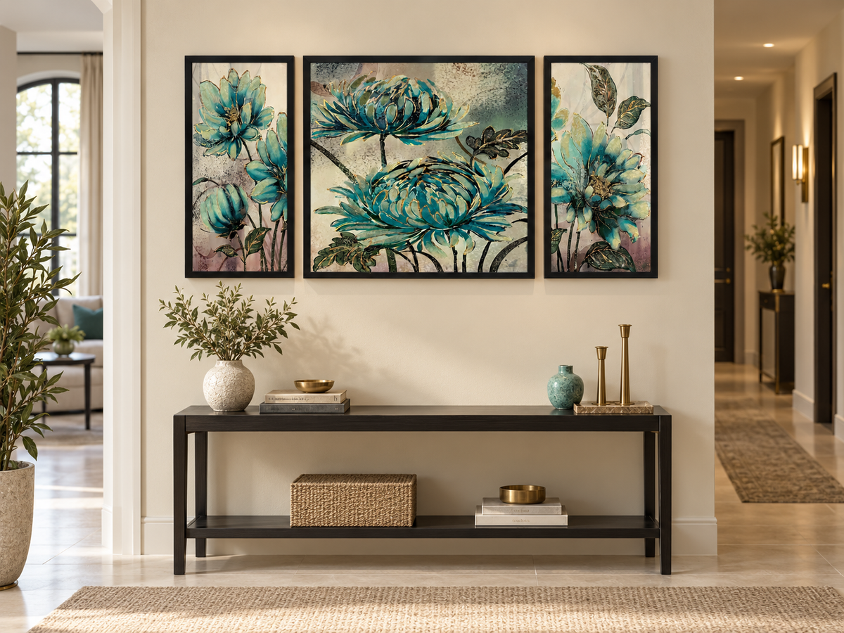 Handcrafted Teal Blossom Harmony 3-in-1  Wall Art Frame