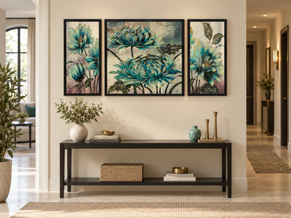 Handcrafted Teal Blossom Harmony 3-in-1  Wall Art Frame