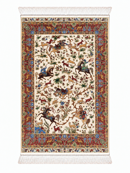 Royal Persian Hunting Garden Silk Carpet  - Blue - 60x90cm