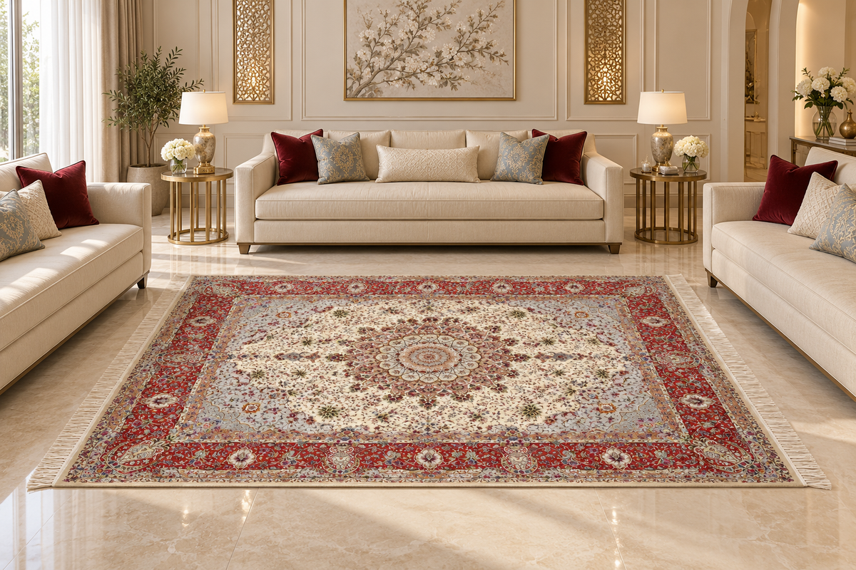 Royal Isfahan Medallion Hand-Border  Natural Wool & Silk Carpet 250x350 cm