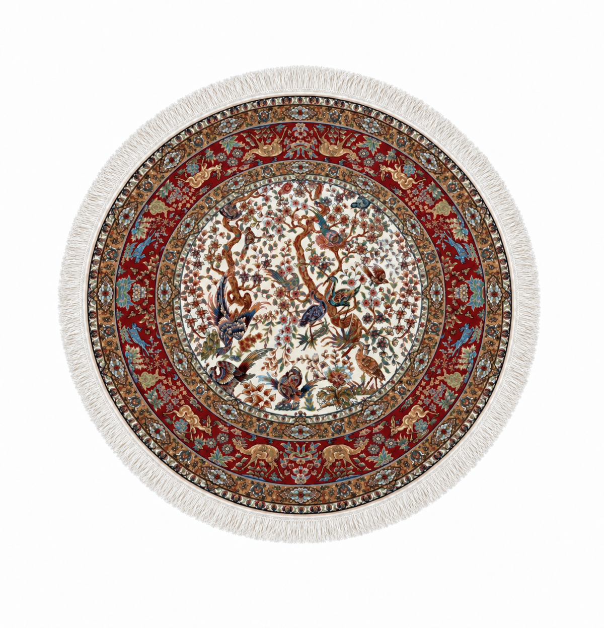 Persian Enchanted Aviary Silk Carpet Round 100cm Diameter