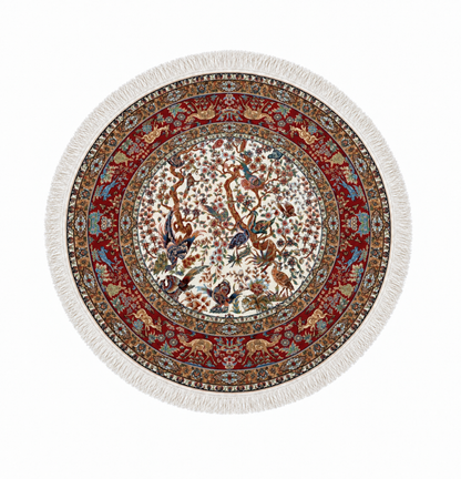 Persian Enchanted Aviary Silk Carpet Round 100cm Diameter