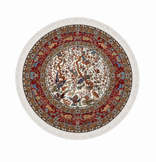 Persian Enchanted Aviary Silk Carpet Round 100cm Diameter