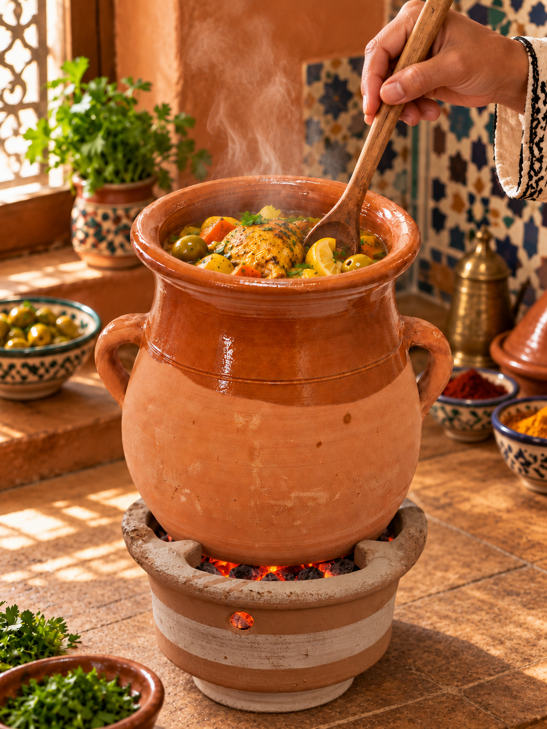 Traditional Moroccan Clay Cooking Tajine  with Handle (Ds02)