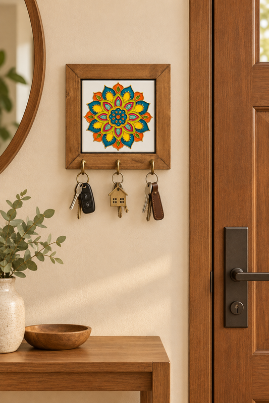 Embossed Floral Ceramic Tile Wooden Key Holder 15x15cm