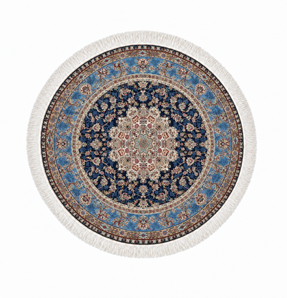 Persian Sapphire Royal Medallion Round Silk Carpet 100cm Diameter