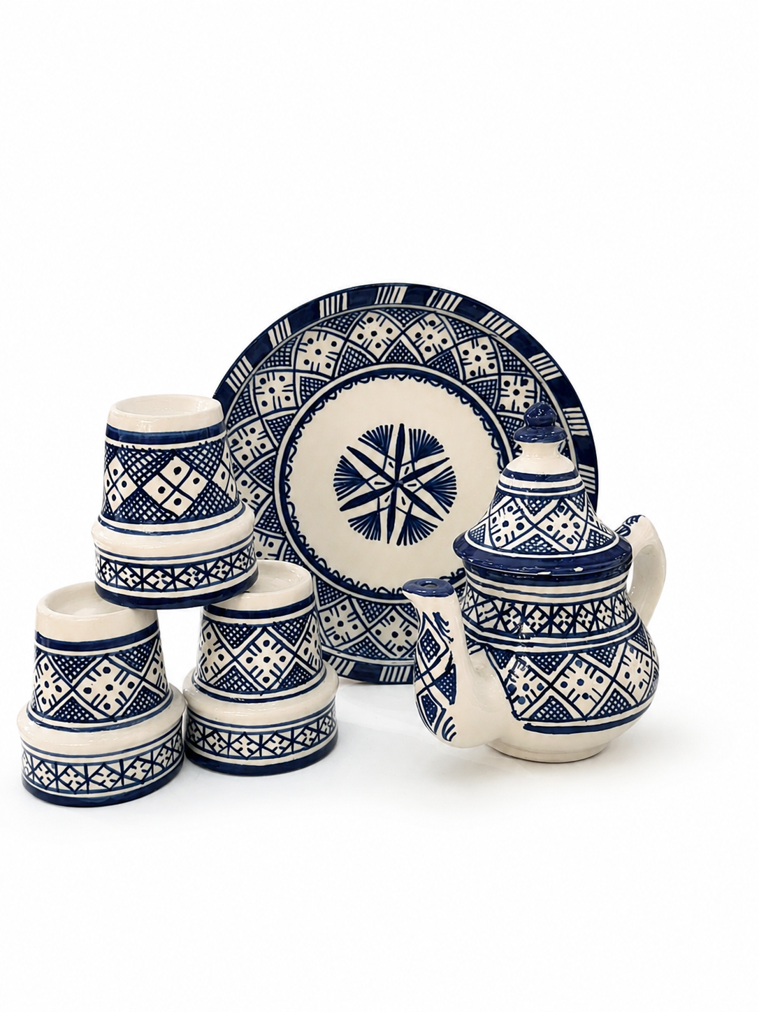 Moroccan Tea Set - Blue & White Geometric Design - Traditional Fez Pottery