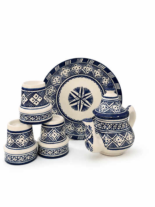 Moroccan Tea Set - Blue & White Geometric Design - Traditional Fez Pottery