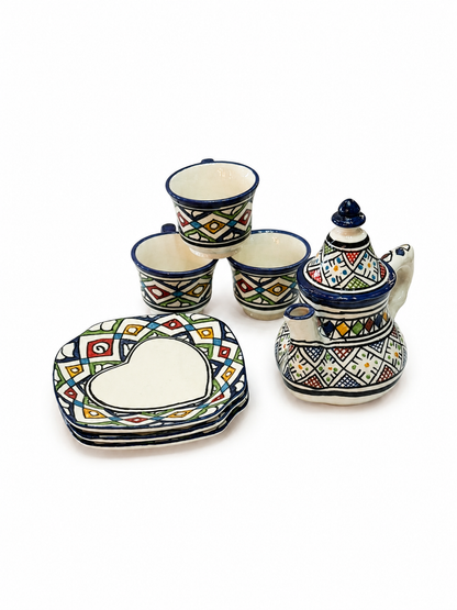 Moroccan Ceramic Coffee Set - Traditional Fez Pottery with Geometric Design