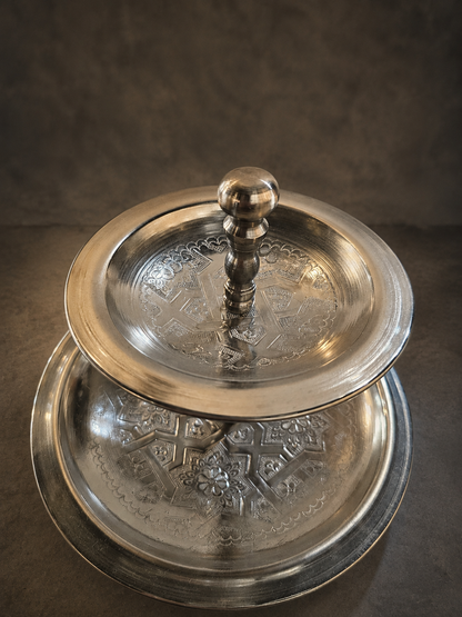 Moroccan Engraved Nickel Two-Tier Sweet Stand - Large M138