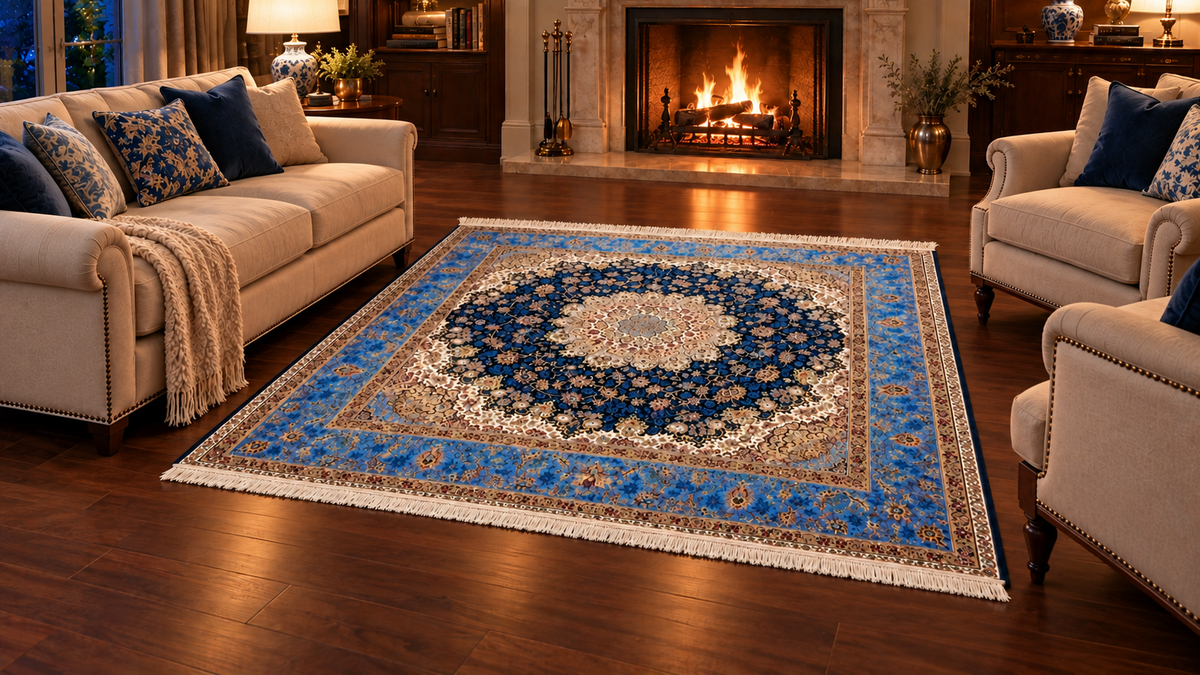 Imperial Blue Silk Medallion Carpet 200x200 cm