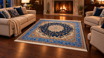 Imperial Blue Silk Medallion Carpet 200x200 cm