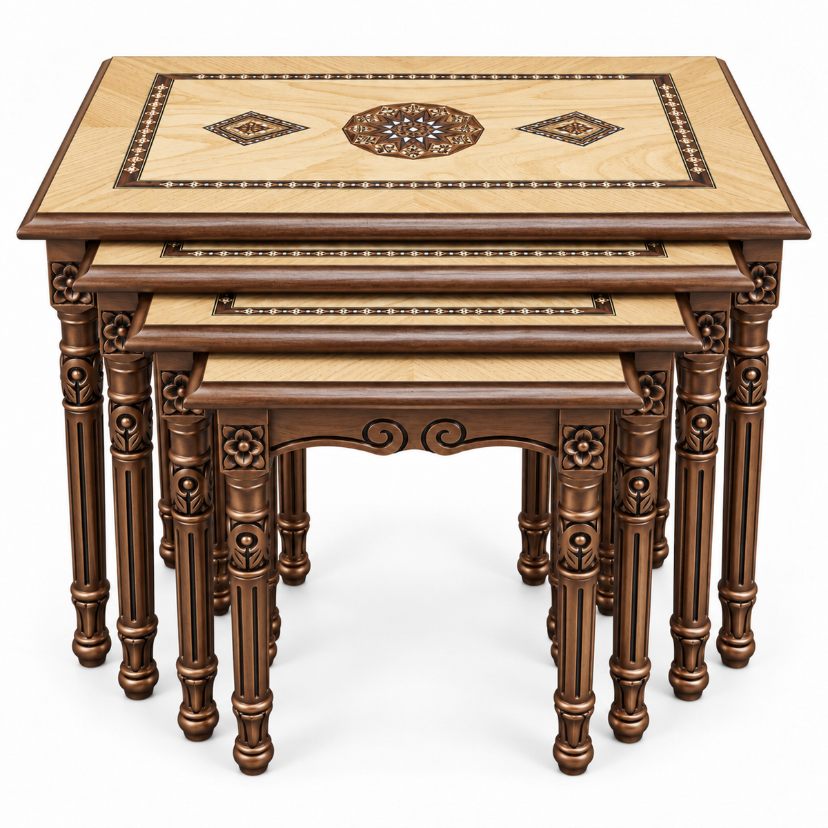 Seljuk Mosaic Hand-Carved Nesting Tables 4in1