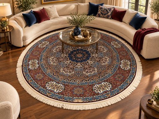 Persian Heritage Star Medallion Burgundy Round Silk Carpet 200cm Diameter