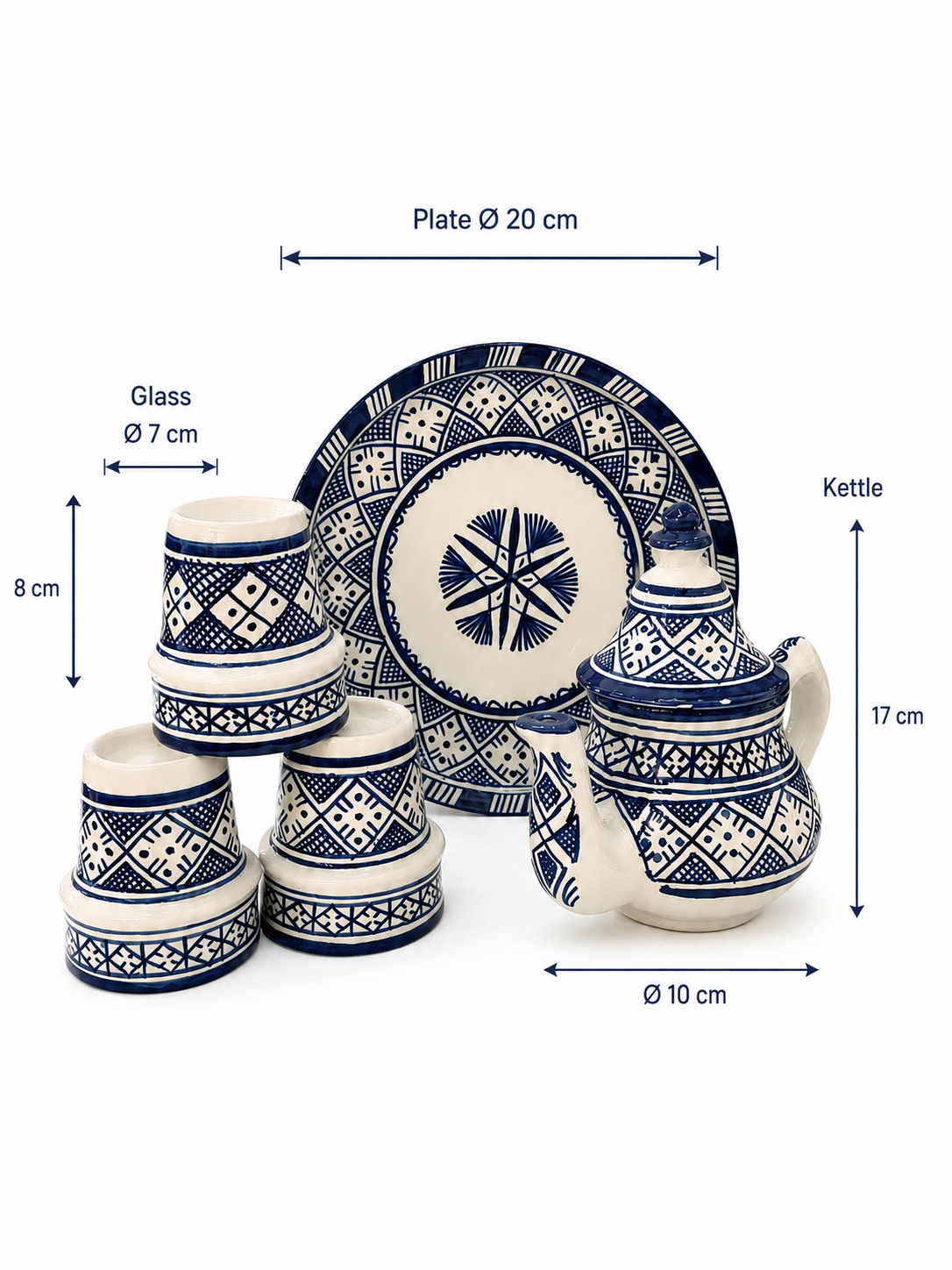 Moroccan Tea Set - Blue & White Geometric Design - Traditional Fez Pottery