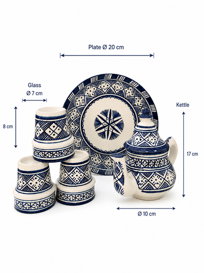 Moroccan Tea Set - Blue & White Geometric Design - Traditional Fez Pottery
