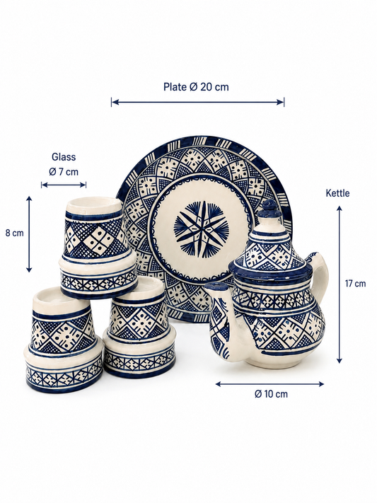Moroccan Tea Set - Blue & White Geometric Design - Traditional Fez Pottery
