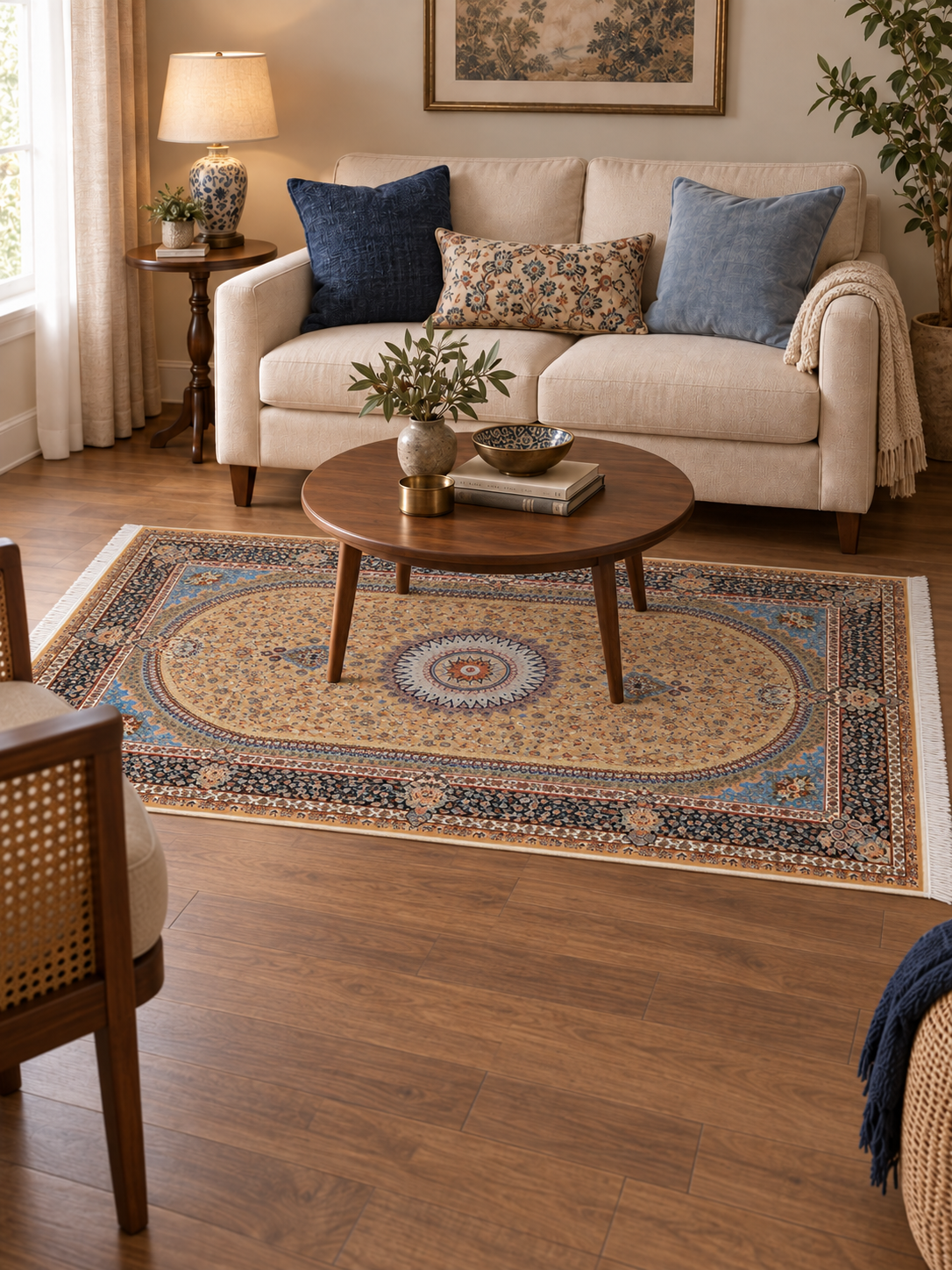 Golden Celestial Medallion Silk Carpet 100x150cm