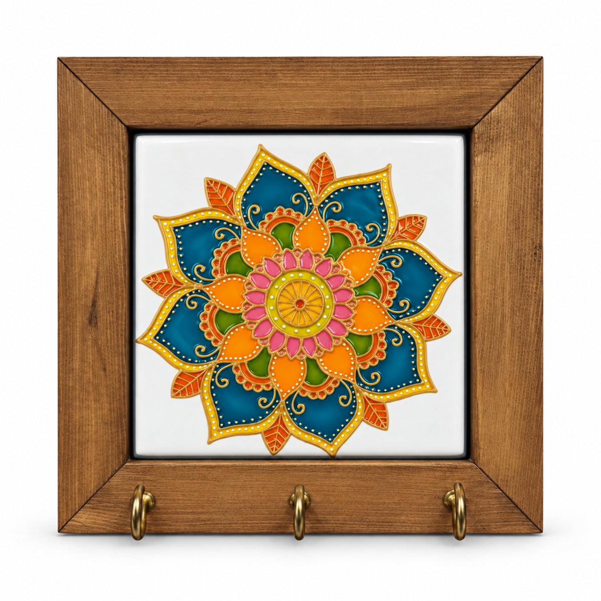 Embossed Floral Ceramic Tile Wooden Key Holder 15x15cm