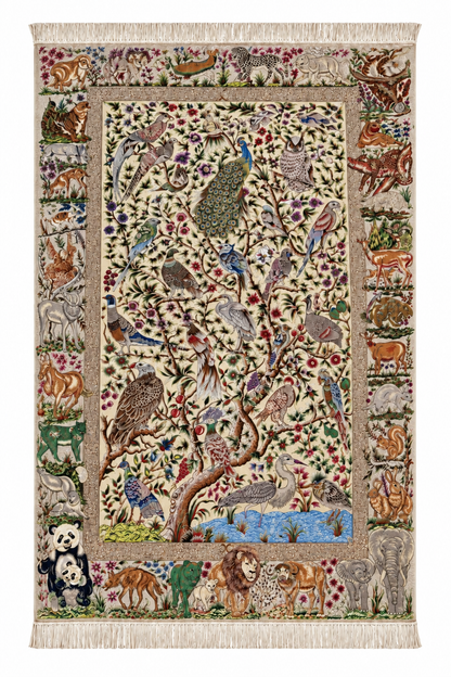 Persian Enchanted Aviary Hand-Bordered  Natural Wool & Silk Carpet 200x300 cm
