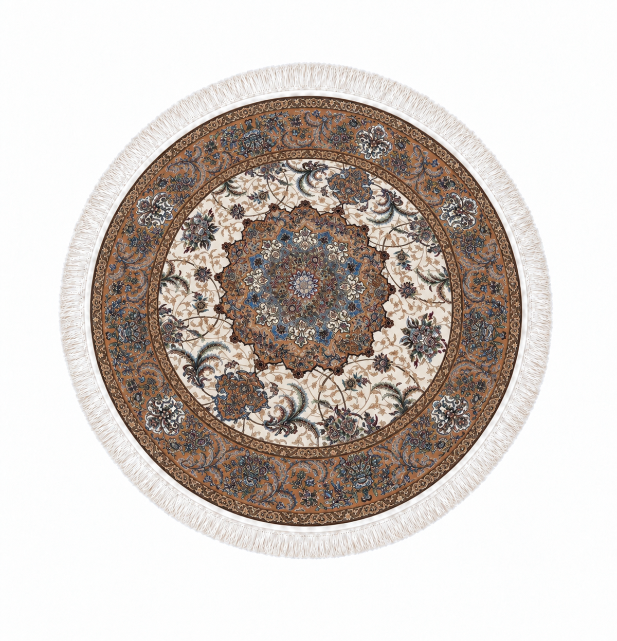 Imperial Caramel Medallion Persian Silk Carpet Round 100cm Diameter