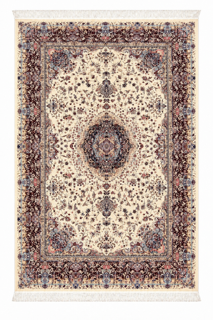 Ivory Burgundy Medallion Natural Wool & Silk Carpet 150x225 cm