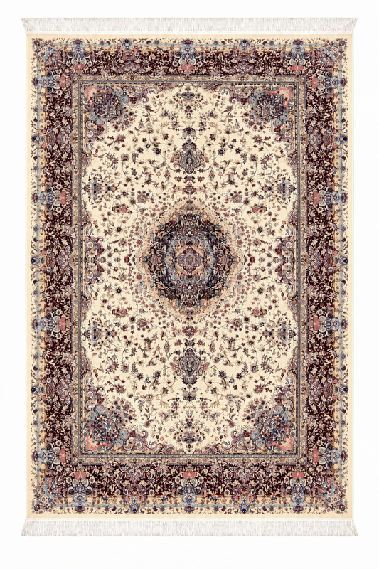 Ivory Burgundy Medallion Natural Wool & Silk Carpet 150x225 cm