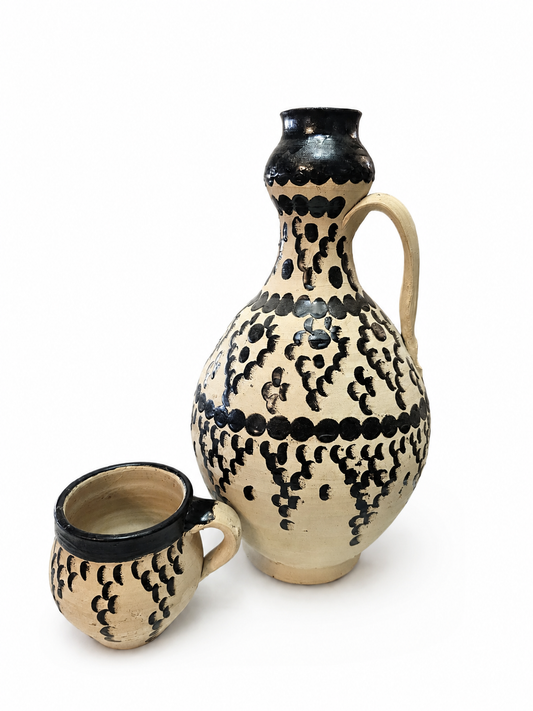 Hand-Painted Antique Terracotta Pottery Water Jug & Cup Set