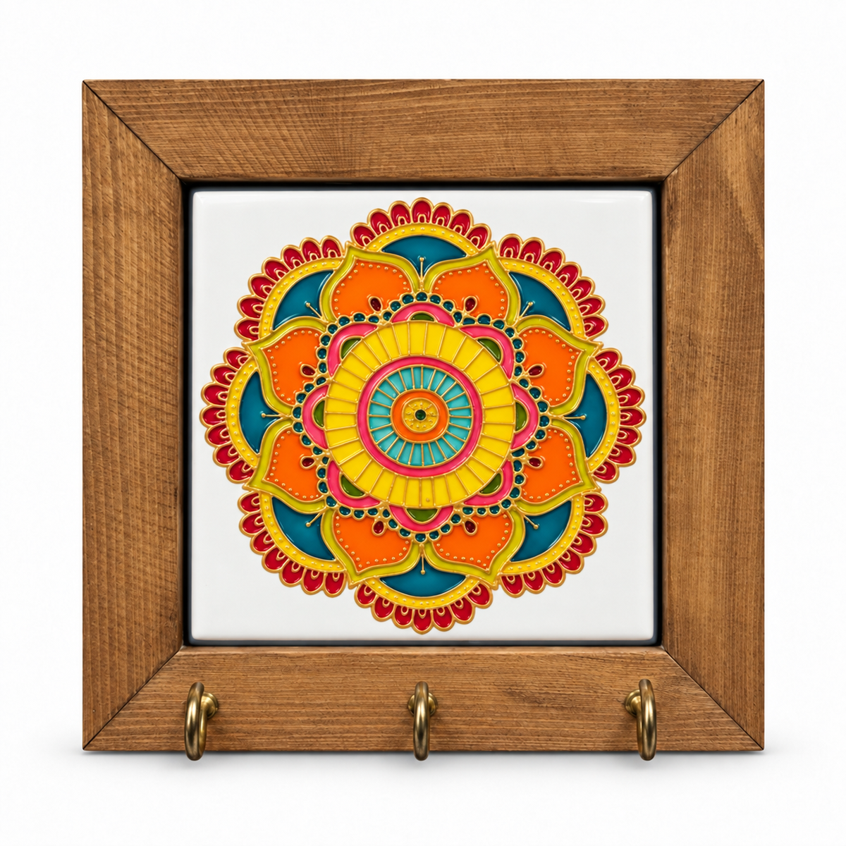 Embossed Floral Ceramic Tile Wooden Key Holder 15x15cm